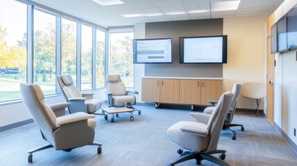 Modern Office Meeting Room with Large Screens and Comfortable Chairs