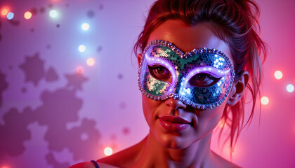 Woman wearing cosmic sequin mask in vibrant party setting, astral theme