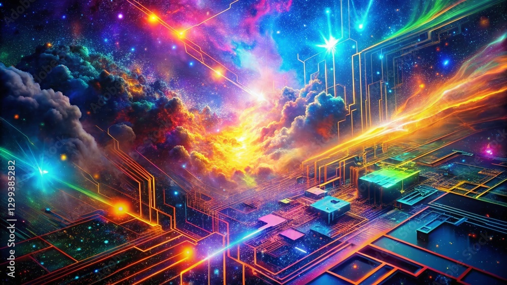 Poster abstract colorful data visualization: double exposure tech design