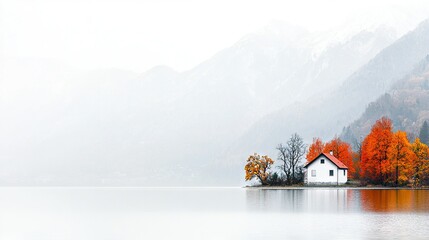 A house perched on an island in the center of a lake, encircled by trees with vibrant orange and yellow foliage (44 tokens