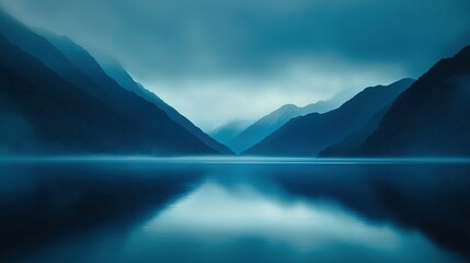   Surrounded by mountains, a body of water is visible under the cloudy sky in the center of the image