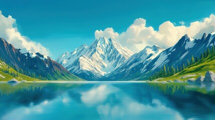 Fototapeta premium A painting depicts a majestic mountain range framed by a serene lake in the foreground, set against an expansive blue sky adorned with fluffy clouds in the background