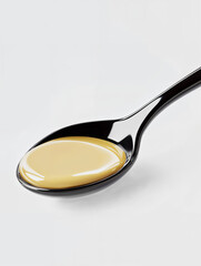 Golden liquid on a black spoon displayed against a plain background in a minimalist setting
