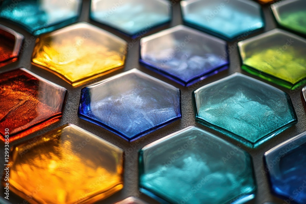 Poster a close-up of colorful hexagonal glass tiles arranged in a honeycomb pattern, showcasing vibrant hue