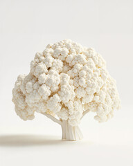Creative white cauliflower sculpture resembling a tree displayed against a neutral background