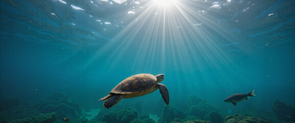 Turtle gliding through calm underwater scene, tranquil nature beauty