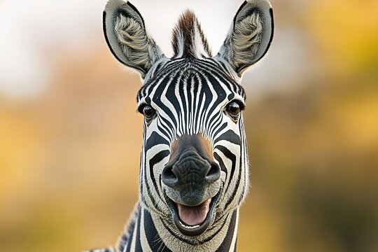 A close up portrait of a smiling zebras face