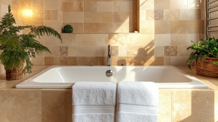 Elegant bathroom interior featuring a luxurious white bathtub