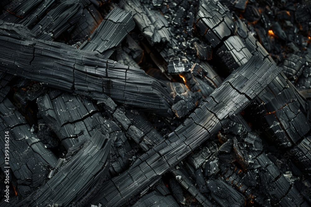 Aufkleber close-up of charred wooden beams after a fire, showing the intricate patterns left by the heat, char