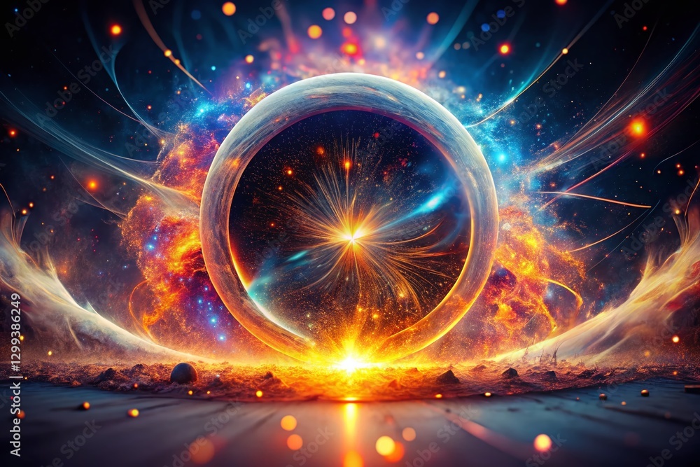 Poster abstract double exposure: exploding particle circle line art