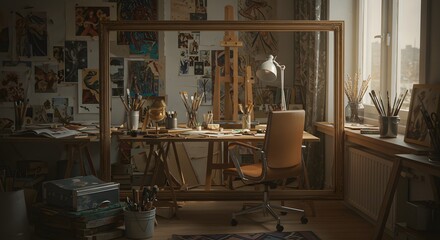 Cozy Artist Studio with Desk Easel and Art Supplies