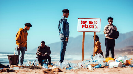 Youth activists cleaning beach and promoting anti plastic message