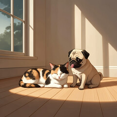 Cat and dog relaxing together in warm sunlight on a wooden floor in a cozy indoor setting