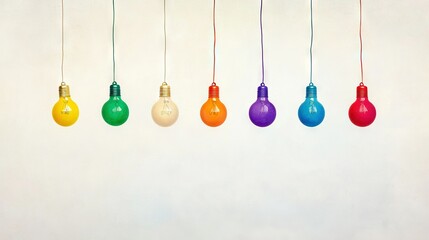   A row of colorful light bulbs hangs on a white line in front of a white wall