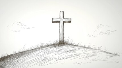 A minimalistic black and white sketch of a cross atop a rocky hill with sparse grass