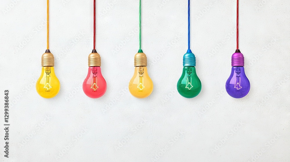 Poster a collection of colorful leds suspended from a string on a white backdrop, adjacent to a crimson, go