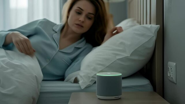 Caucasian woman in bed using smart speaker with blue and green light. Voice assistant for bedroom automation. Morning routine with voice commands from pajama-clad girl.