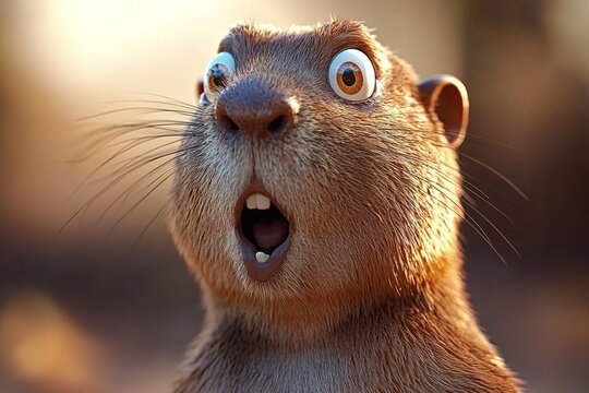 A surprised looking rodent with wide eyes and open mouth