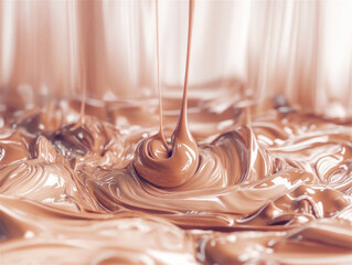 Chocolate syrup flowing and swirling in a golden liquid, creating an abstract and luxurious visual effect. The rich texture symbolizes indulgence, luxury, and indulgent treats.