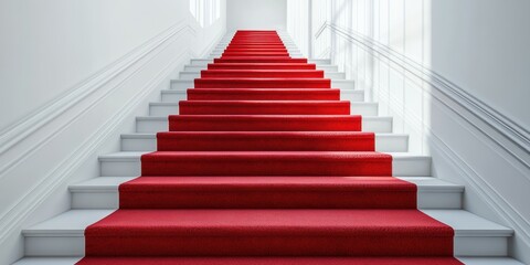 Obraz premium Elegant red carpeted staircase leading upward in a bright, modern hallway