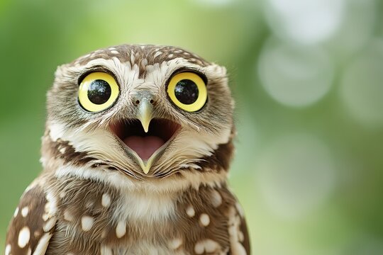 Close up image showing an owl with wide open eyes and beak