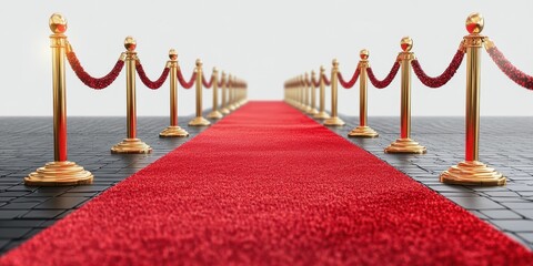 Elegant red carpet lined with golden posts and ropes for a prestigious event at a central location