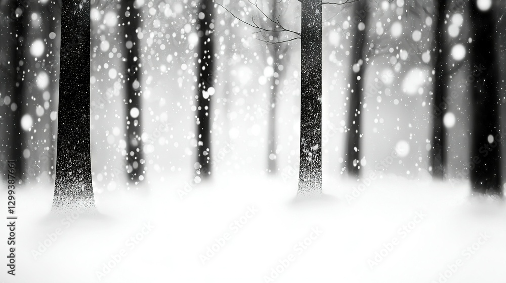 Poster monochrome image of a snow-covered forest with trees in the foreground and snowflakes falling on the