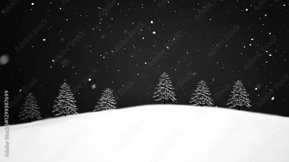 Poster a monochromatic image of a snowy mountain with trees in the foreground and a starry, dark sky in the
