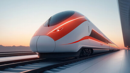Obraz premium A high-speed train, painted in vibrant colors, waits at a terminal; its sleek design contrasts with the warm hues of sunset.