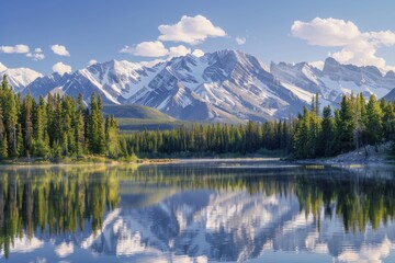 Fototapeta premium A tranquil mountain lake reflecting snow-capped peaks in the Canadian Rockies, A serene mountain lake reflecting the snow-capped peaks