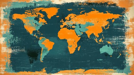 Naklejka premium A dark grunge world map featuring glowing orange continents, set against a richly textured background to produce a dramatic vintage look