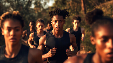 Obraz premium Youth runners train hard in a summer afternoon workout