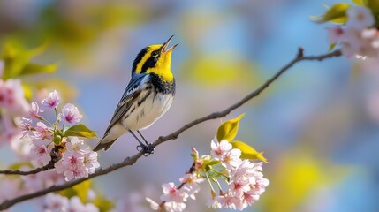 Black-throated warbler singing in cherry blossoms