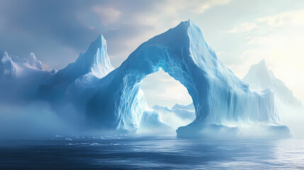 A captivating iceberg featuring a unique arch formation emerges from the misty ocean, showcasing nature's wonders and the majesty of icy landscapes. Majesty - Mountain. Illustration