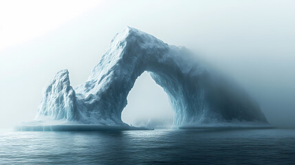 A captivating iceberg featuring a unique arch formation emerges from the misty ocean, showcasing nature's wonders and the majesty of icy landscapes. Majesty - Mountain. Illustration