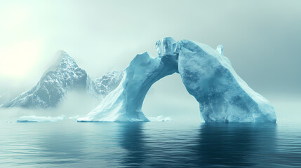 A captivating iceberg featuring a unique arch formation emerges from the misty ocean, showcasing nature's wonders and the majesty of icy landscapes. Majesty - Mountain. Illustration
