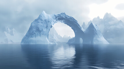 A captivating iceberg featuring a unique arch formation emerges from the misty ocean, showcasing nature's wonders and the majesty of icy landscapes. Majesty - Mountain. Illustration