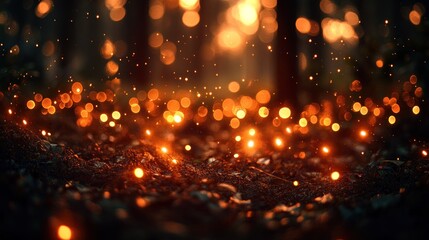 Obraz premium Forest floor glowing lights, sunset bokeh, magical forest