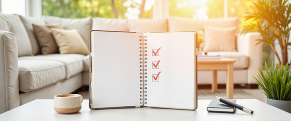 Stylish checklist in modern living room on sunny day, organization