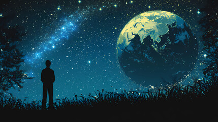 A person stands, their back to us, gazing at earth glowing brightly against a starlit sky, conveying a sense of awe and the majesty of our home planet. Majesty - Mountain. Illustration