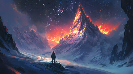 A person stands, their back to us, gazing at earth glowing brightly against a starlit sky, conveying a sense of awe and the majesty of our home planet. Majesty - Mountain. Illustration