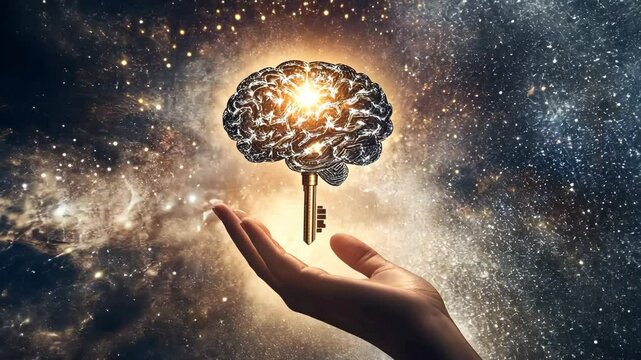 Creative representation of a brain holding a key surrounded by a cosmic background