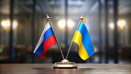 Miniature flags of Russia and Ukraine on a scale representing diplomacy