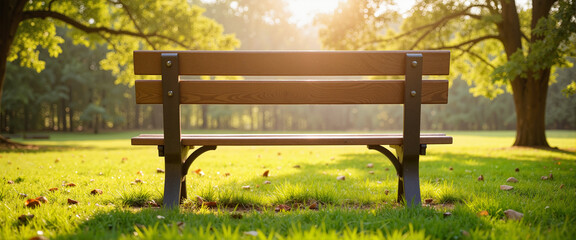 Serene wooden park bench in sunlit green park, morning tranquility