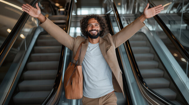 A joyful man with curly hair stretches out his arms while ascending an escalator, exuding a sense of freedom and excitement.