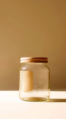 Simple glass jar on a warm wooden table with soft lighting