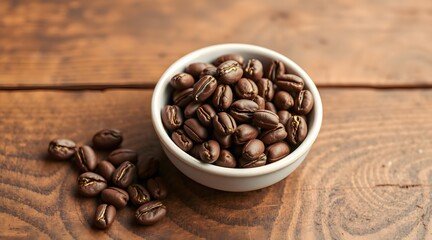 Fototapeta premium Brown coffee beans in a white cup on rustic wooden table closeup 