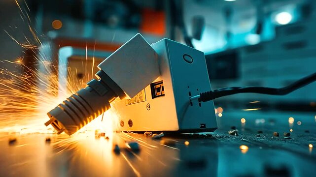 Defective power strip emitting large sparks, plug partially melted, highlighting the potential for electrical fires in homes and workplaces.