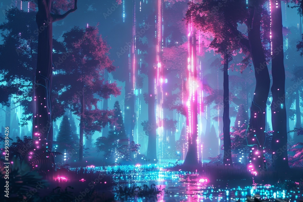 Poster a digital rendering of a futuristic forest with neon trees and pink lights, a futuristic forest with