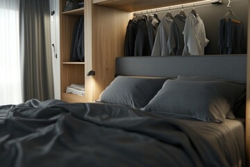 Modern bedroom with built-in closet, soft lighting, and dark bedding. Use Interior design, home decor